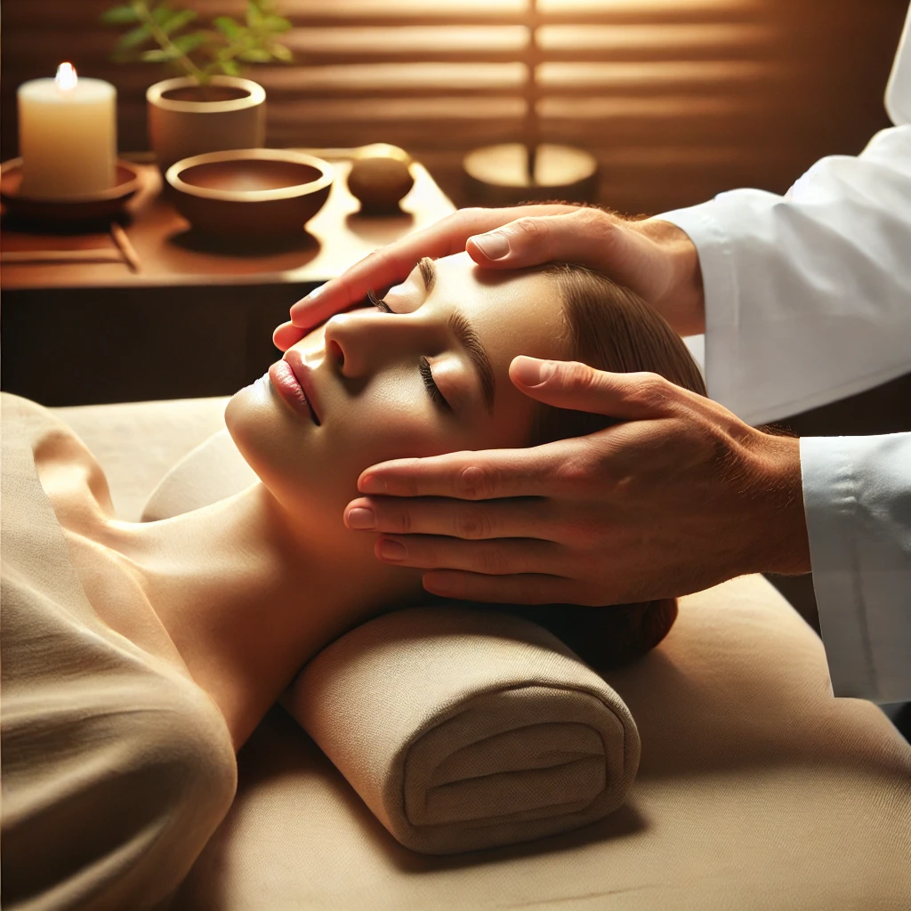 DALL·E 2024 10 28 14.03.47 Detailed close up view of a Craniosacral Therapy technique in progress showing a therapists hands gently cradling a clients head symbolizing soft